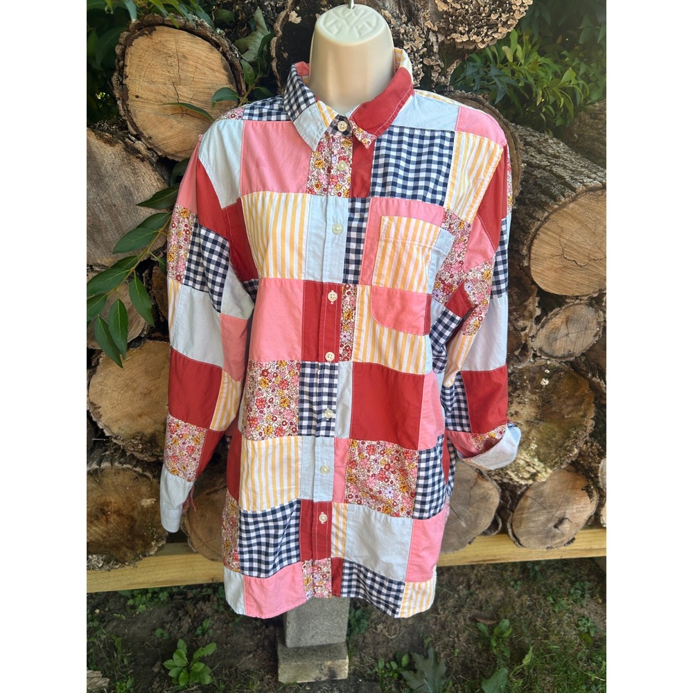 Lands' End Button Down Cotton Patchwork Gingham Floral Shirt XL Cottagecore Red
